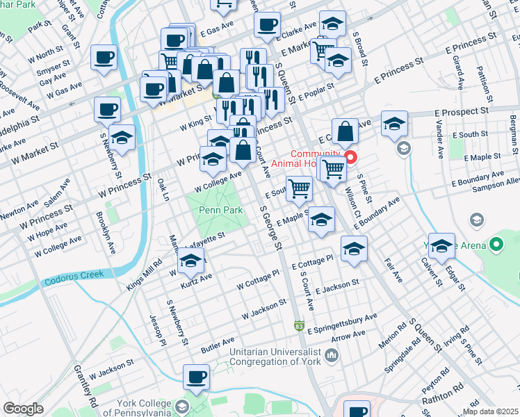 map of restaurants, bars, coffee shops, grocery stores, and more near 414 South George Street in York