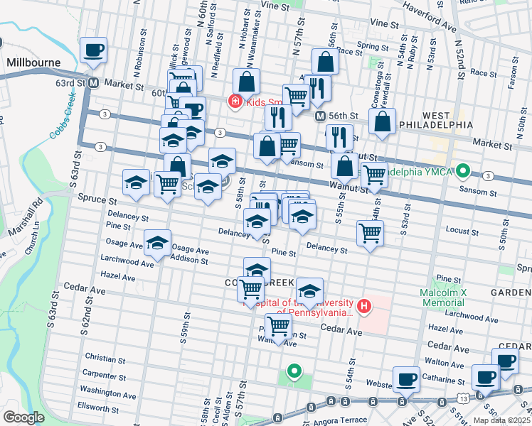 map of restaurants, bars, coffee shops, grocery stores, and more near 268 South 57th Street in Philadelphia