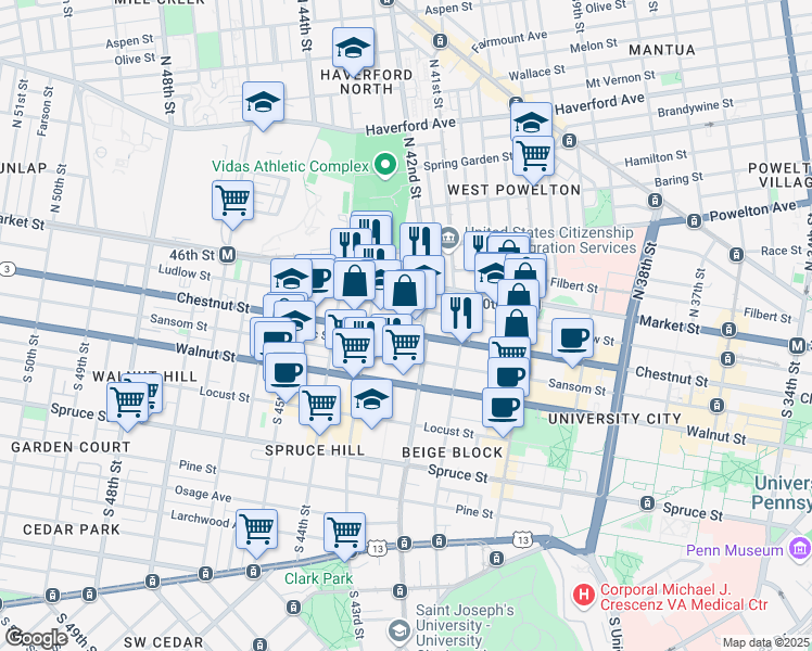 map of restaurants, bars, coffee shops, grocery stores, and more near 4223 Market Street in Philadelphia