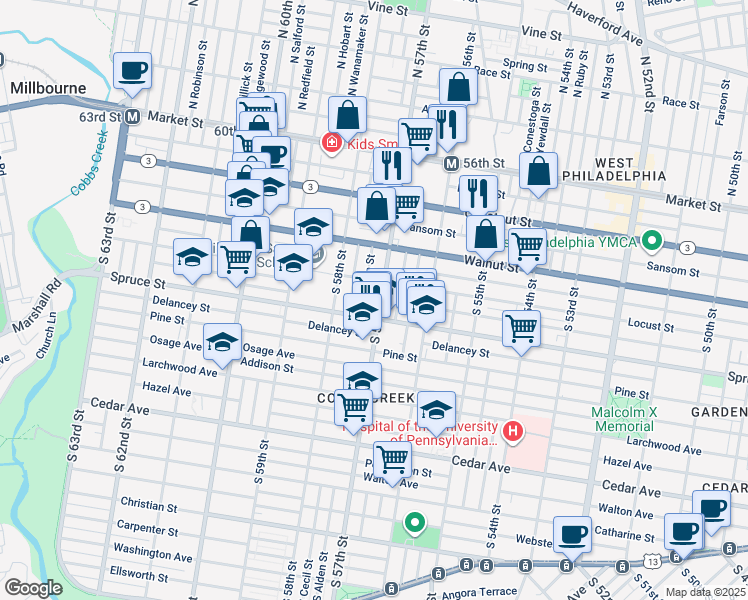 map of restaurants, bars, coffee shops, grocery stores, and more near 268 South 57th Street in Philadelphia