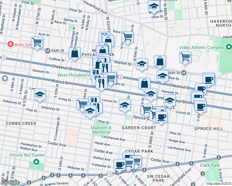 map of restaurants, bars, coffee shops, grocery stores, and more near 5052 Walnut Street in Philadelphia