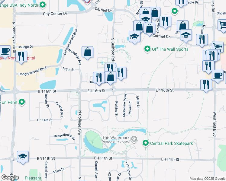 map of restaurants, bars, coffee shops, grocery stores, and more near E 116th St & N Guilford Rd in Carmel