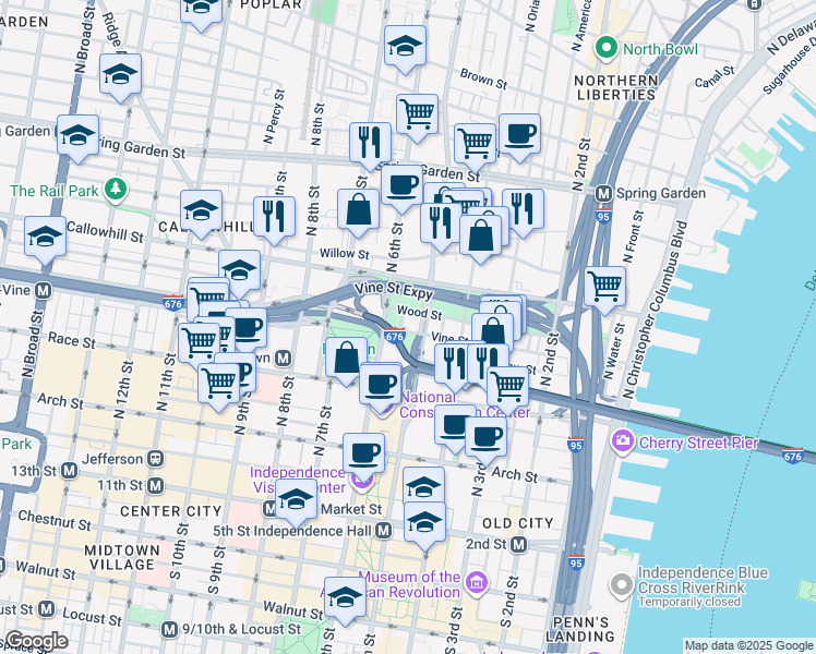 map of restaurants, bars, coffee shops, grocery stores, and more near 509 Vine Street in Philadelphia