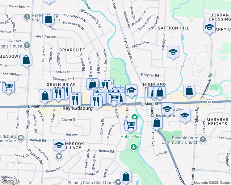 map of restaurants, bars, coffee shops, grocery stores, and more near 1272 Aida Drive in Reynoldsburg