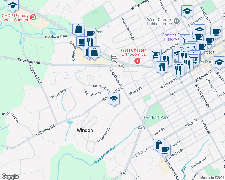 map of restaurants, bars, coffee shops, grocery stores, and more near 201 McIntosh Road in West Chester