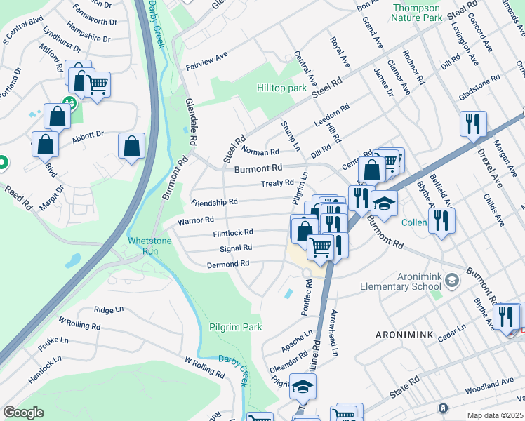 map of restaurants, bars, coffee shops, grocery stores, and more near 137 Warrior Road in Drexel Hill