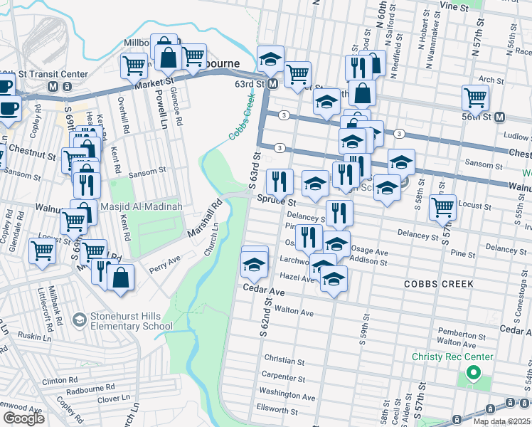 map of restaurants, bars, coffee shops, grocery stores, and more near 6230 Delancey Street in Philadelphia