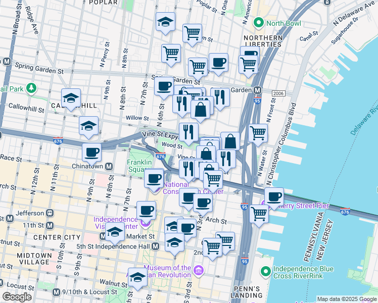 map of restaurants, bars, coffee shops, grocery stores, and more near 360 North 3rd Street in Philadelphia