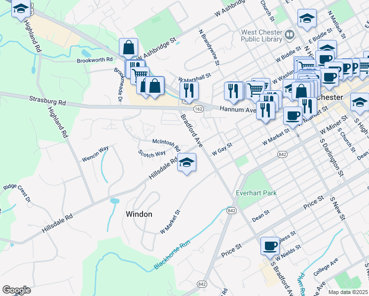 map of restaurants, bars, coffee shops, grocery stores, and more near 201 McIntosh Road in West Chester