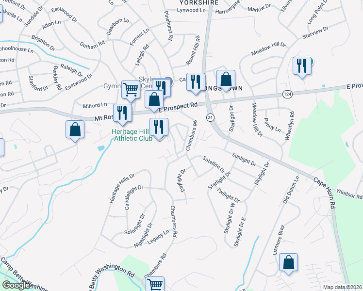 map of restaurants, bars, coffee shops, grocery stores, and more near 305 Chambers Ridge in York