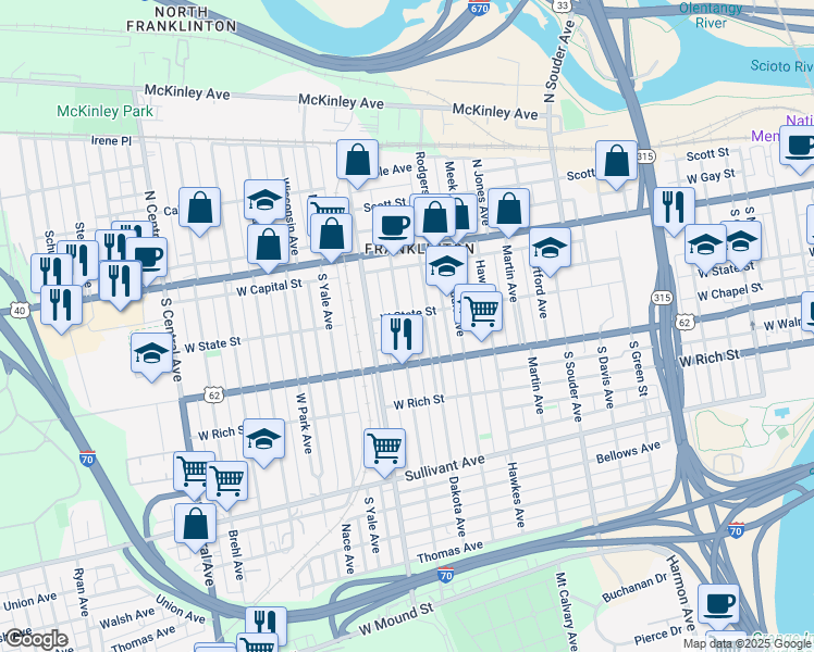 map of restaurants, bars, coffee shops, grocery stores, and more near 93 Dakota Avenue in Columbus