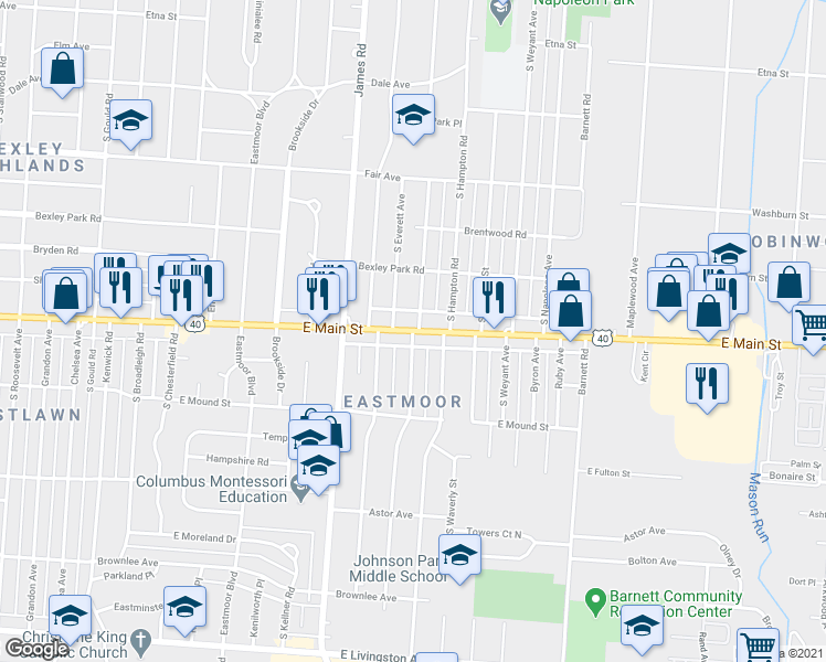map of restaurants, bars, coffee shops, grocery stores, and more near E Main St & Elizabeth Ave in Columbus