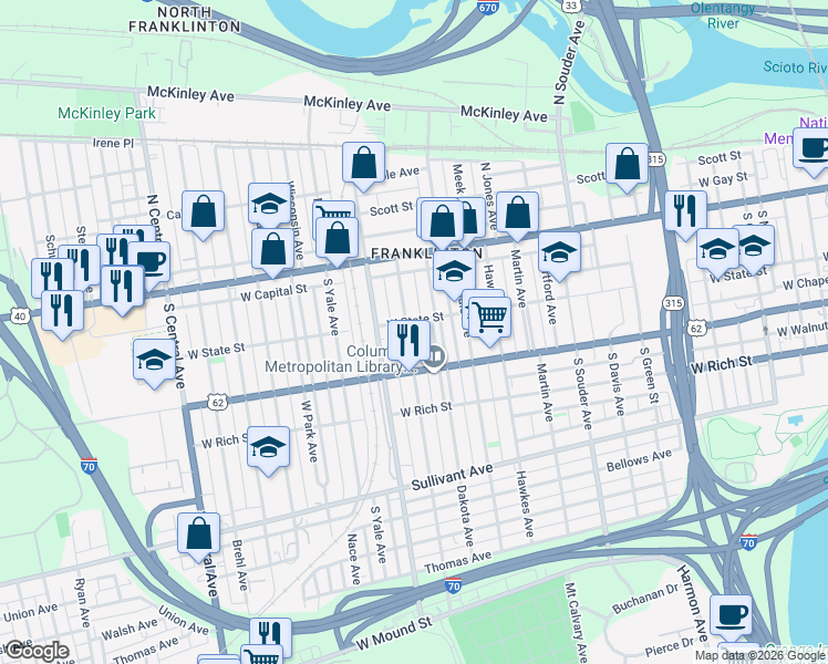 map of restaurants, bars, coffee shops, grocery stores, and more near 93 Dakota Avenue in Columbus