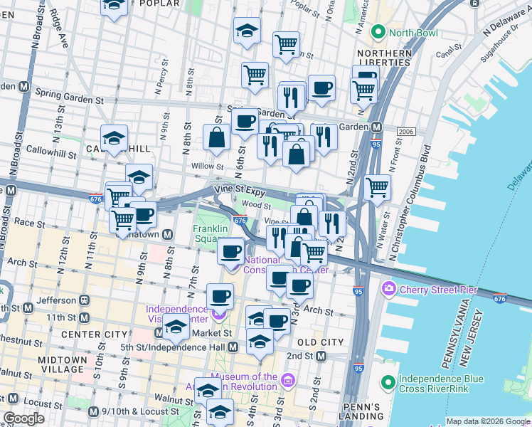 map of restaurants, bars, coffee shops, grocery stores, and more near 324 North Lawrence Street in Philadelphia