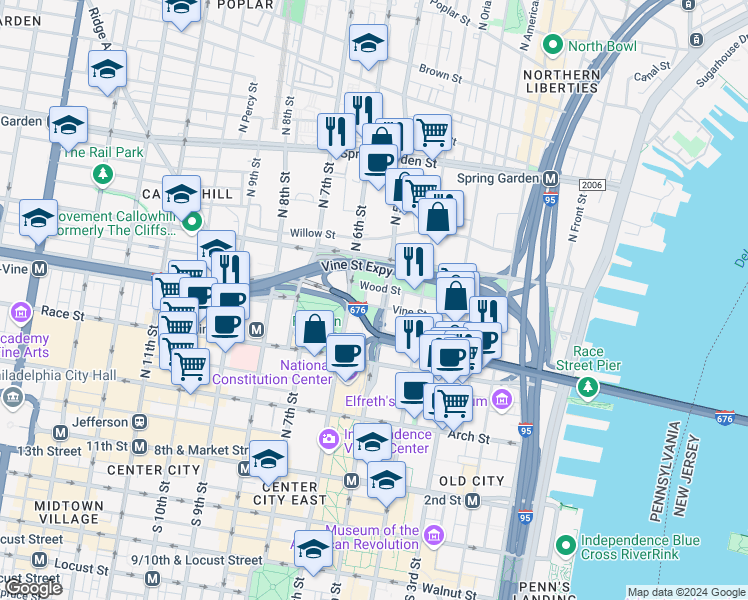 map of restaurants, bars, coffee shops, grocery stores, and more near 517 Wood Street in Philadelphia