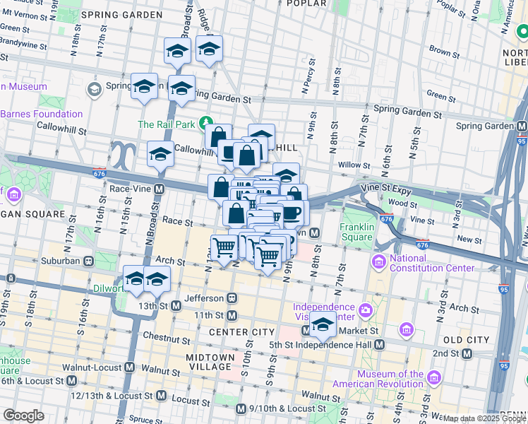 map of restaurants, bars, coffee shops, grocery stores, and more near 224 North 10th Street in Philadelphia