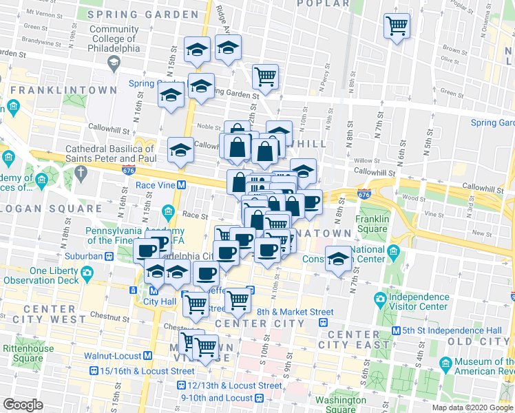 map of restaurants, bars, coffee shops, grocery stores, and more near 1102 Vine Street in Philadelphia