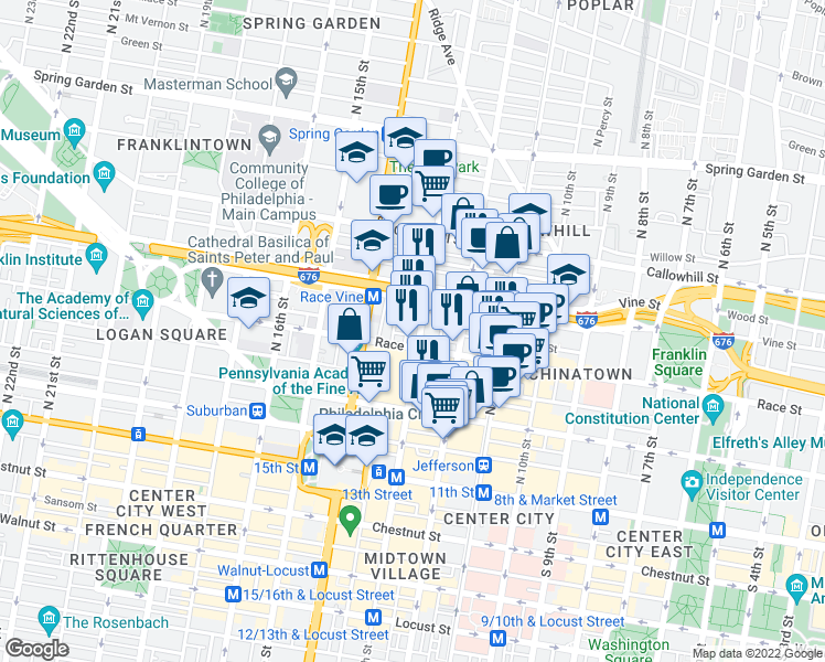 map of restaurants, bars, coffee shops, grocery stores, and more near 214 North 13th Street in Philadelphia