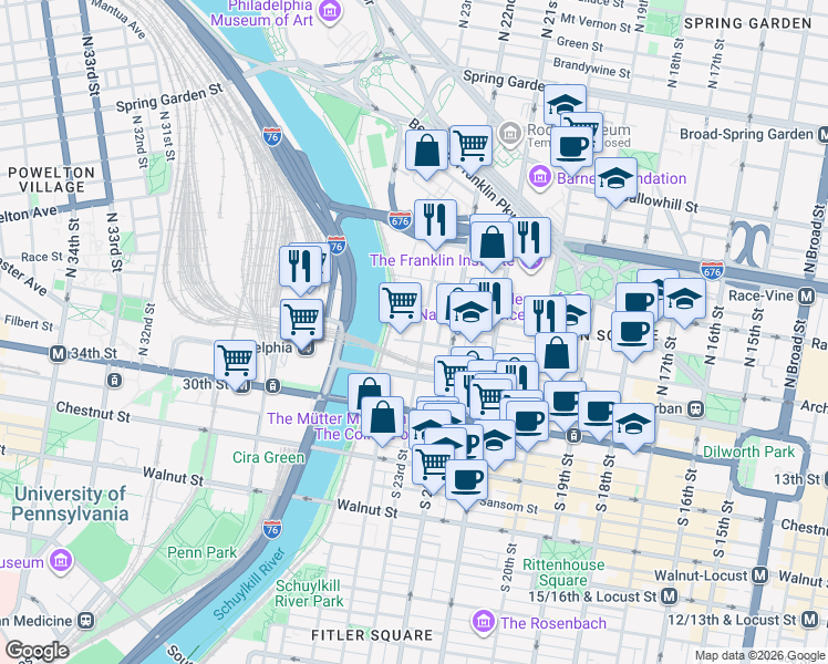 map of restaurants, bars, coffee shops, grocery stores, and more near 2300 Cherry Street in Philadelphia