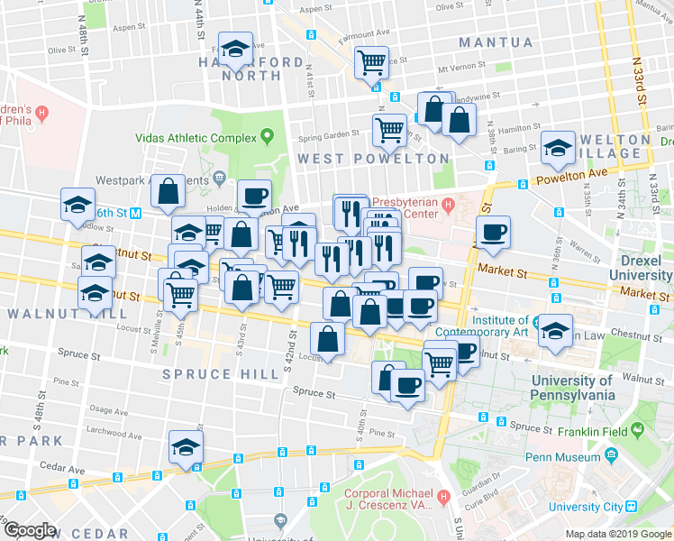 map of restaurants, bars, coffee shops, grocery stores, and more near 4054 Market Street in Philadelphia