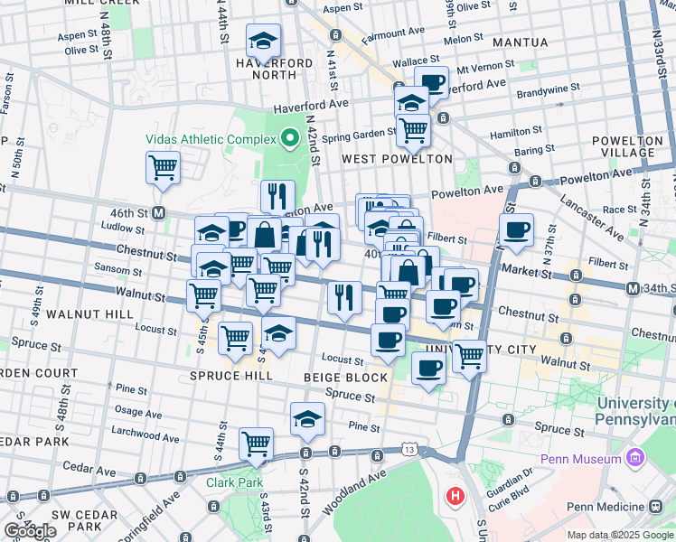 map of restaurants, bars, coffee shops, grocery stores, and more near 4125 Chestnut Street in Philadelphia