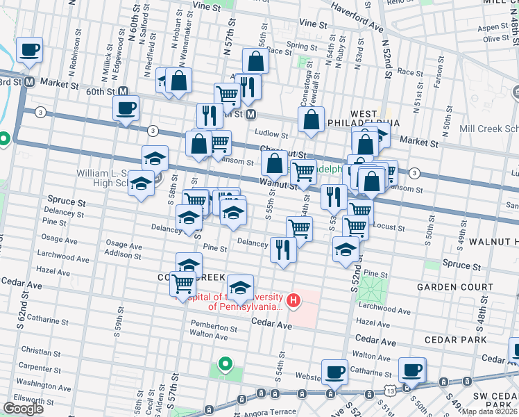 map of restaurants, bars, coffee shops, grocery stores, and more near 5526 Chancellor Street in Philadelphia