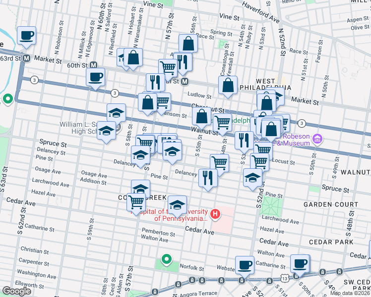 map of restaurants, bars, coffee shops, grocery stores, and more near 5526 Chancellor Street in Philadelphia