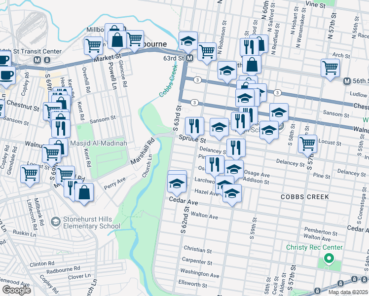 map of restaurants, bars, coffee shops, grocery stores, and more near 305 Cobbs Creek Parkway in Philadelphia