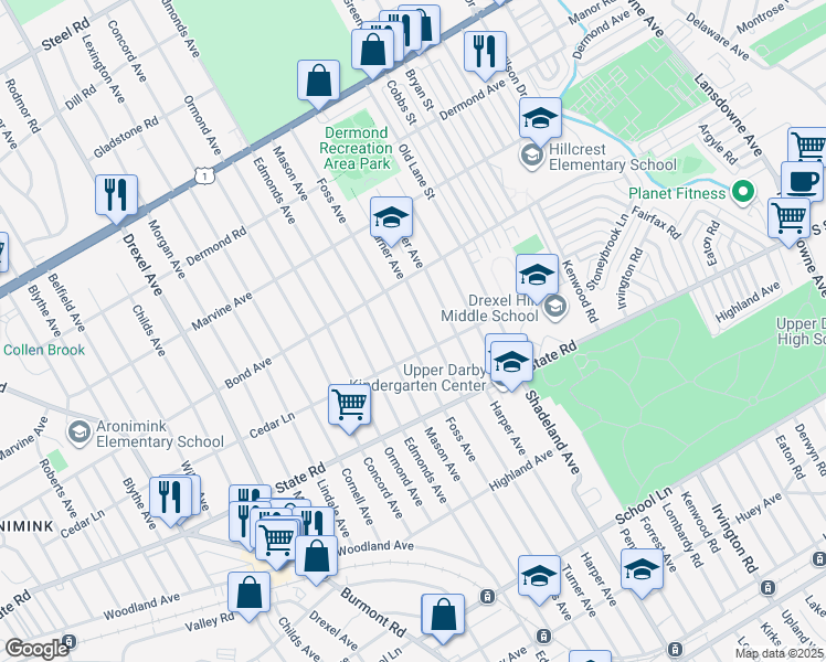 map of restaurants, bars, coffee shops, grocery stores, and more near 933 Foss Avenue in Drexel Hill