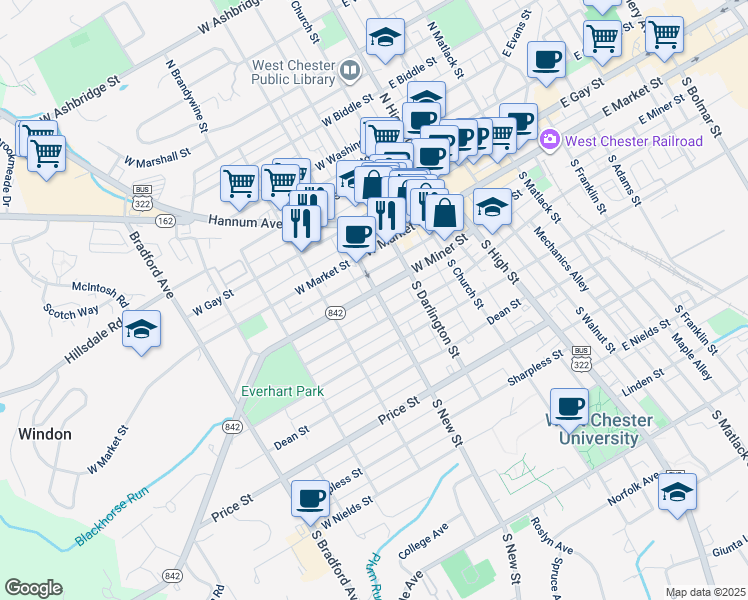 map of restaurants, bars, coffee shops, grocery stores, and more near 227 West Miner Street in West Chester