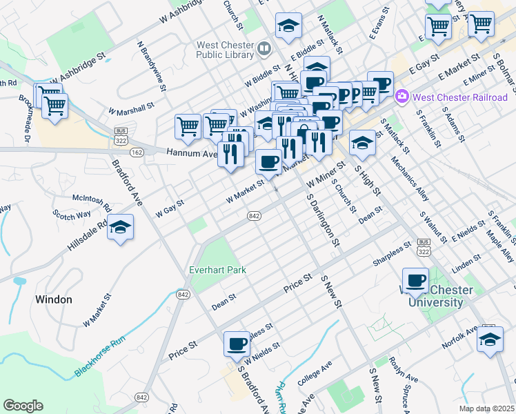 map of restaurants, bars, coffee shops, grocery stores, and more near 322 West Market Street in West Chester