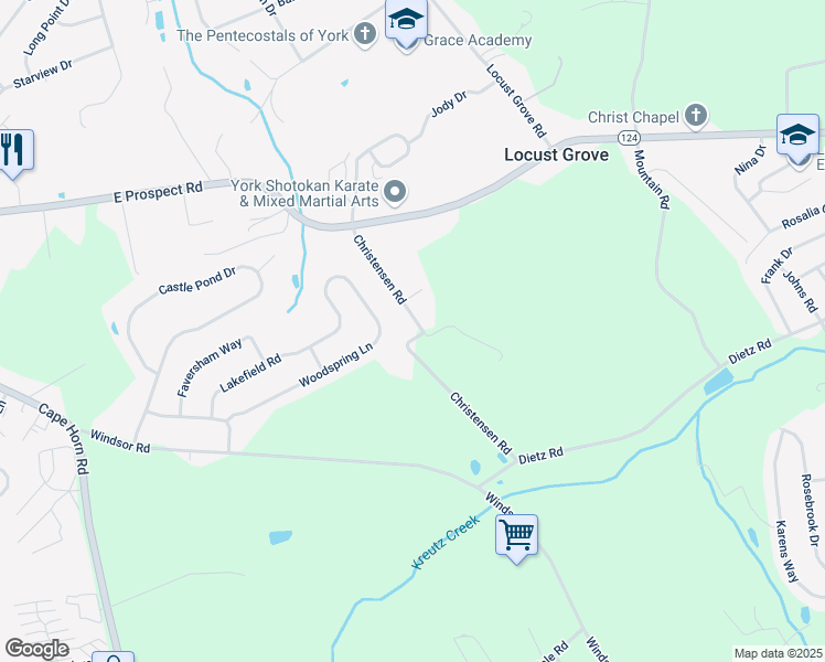 map of restaurants, bars, coffee shops, grocery stores, and more near 1290 Christensen Road in York