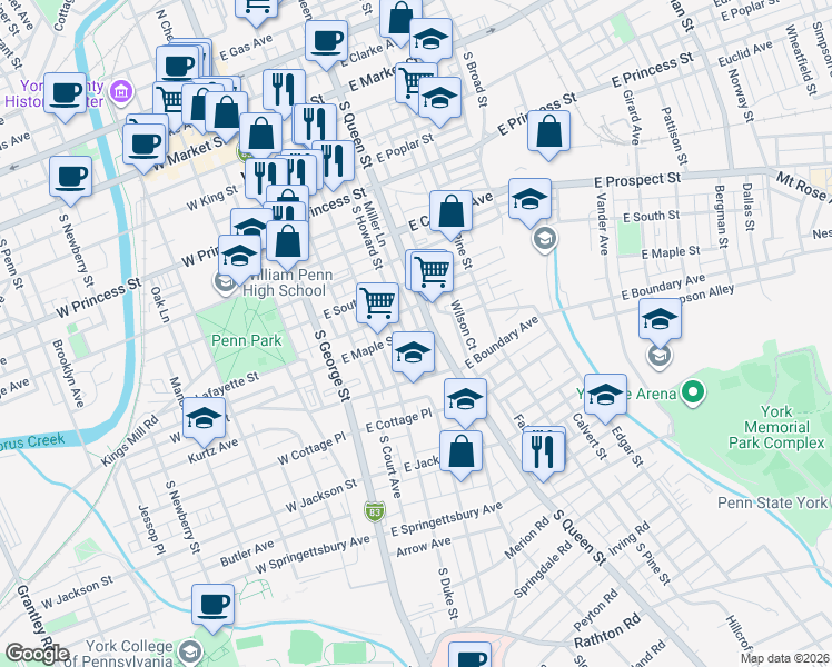map of restaurants, bars, coffee shops, grocery stores, and more near 444 South Queen Street in York
