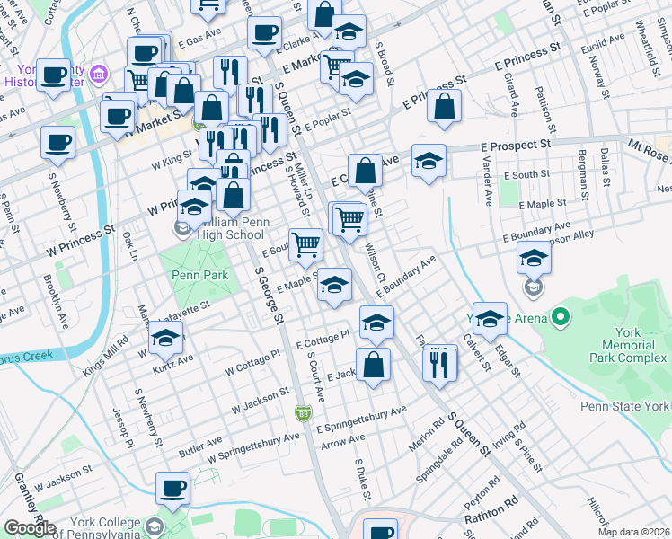 map of restaurants, bars, coffee shops, grocery stores, and more near 444 South Queen Street in York
