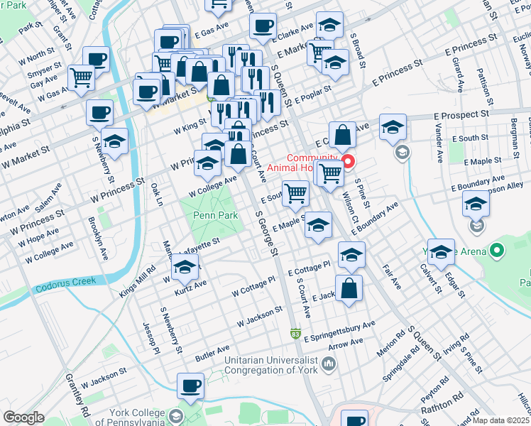 map of restaurants, bars, coffee shops, grocery stores, and more near 34 East South Street in York