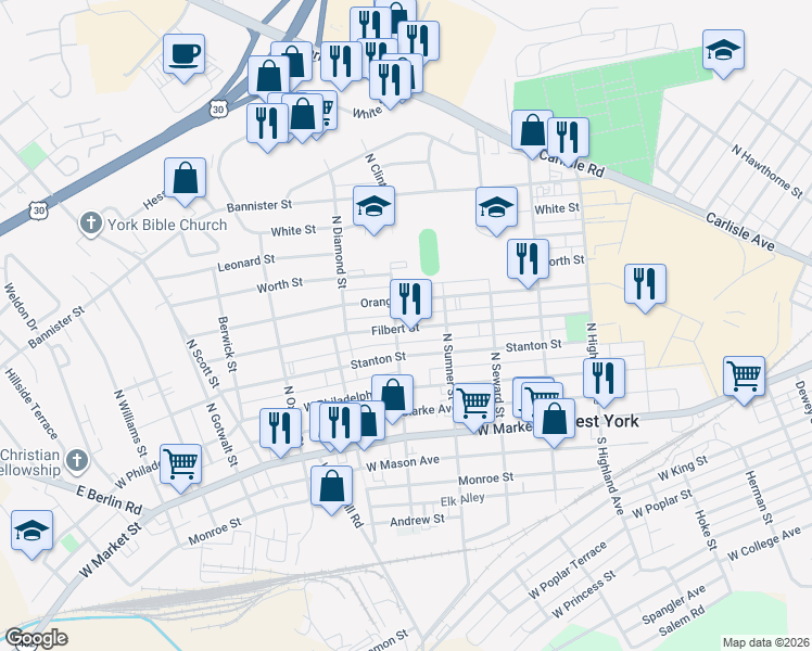 map of restaurants, bars, coffee shops, grocery stores, and more near 305 North Clinton Street in West York