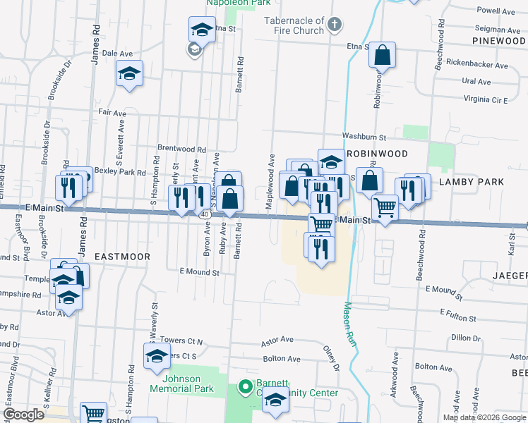map of restaurants, bars, coffee shops, grocery stores, and more near 3552 East Main Street in Columbus