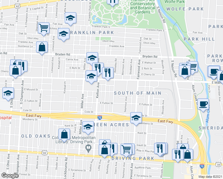 map of restaurants, bars, coffee shops, grocery stores, and more near 484 Berkeley Road in Columbus