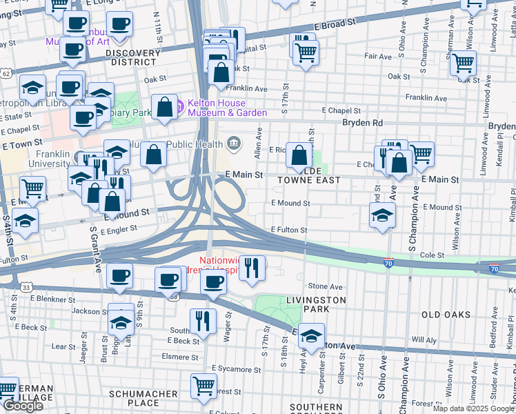 map of restaurants, bars, coffee shops, grocery stores, and more near 722 East Mound Street in Columbus