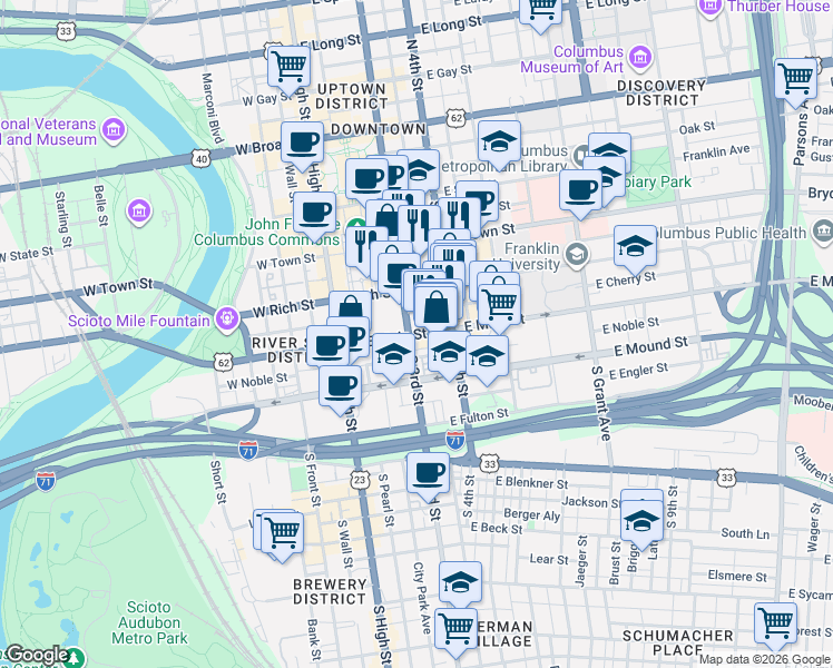 map of restaurants, bars, coffee shops, grocery stores, and more near 264s South 3rd Street in Columbus
