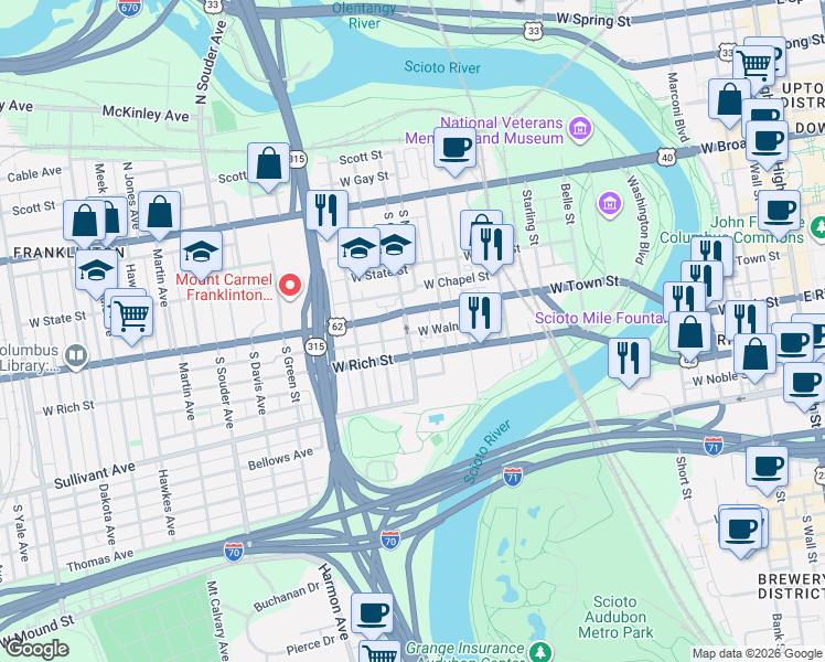 map of restaurants, bars, coffee shops, grocery stores, and more near 541 Ohio 3 in Columbus