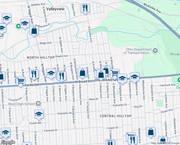 map of restaurants, bars, coffee shops, grocery stores, and more near 75 North Eureka Avenue in Columbus