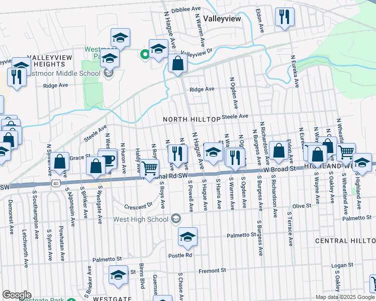 map of restaurants, bars, coffee shops, grocery stores, and more near 101 North Powell Avenue in Columbus