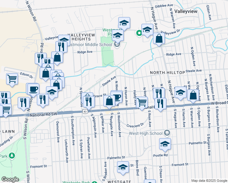 map of restaurants, bars, coffee shops, grocery stores, and more near 110 North Westmoor Avenue in Columbus