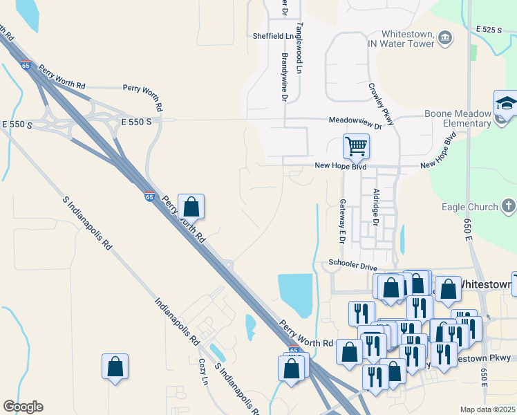 map of restaurants, bars, coffee shops, grocery stores, and more near 5501-6163 Perry Worth Road in Whitestown