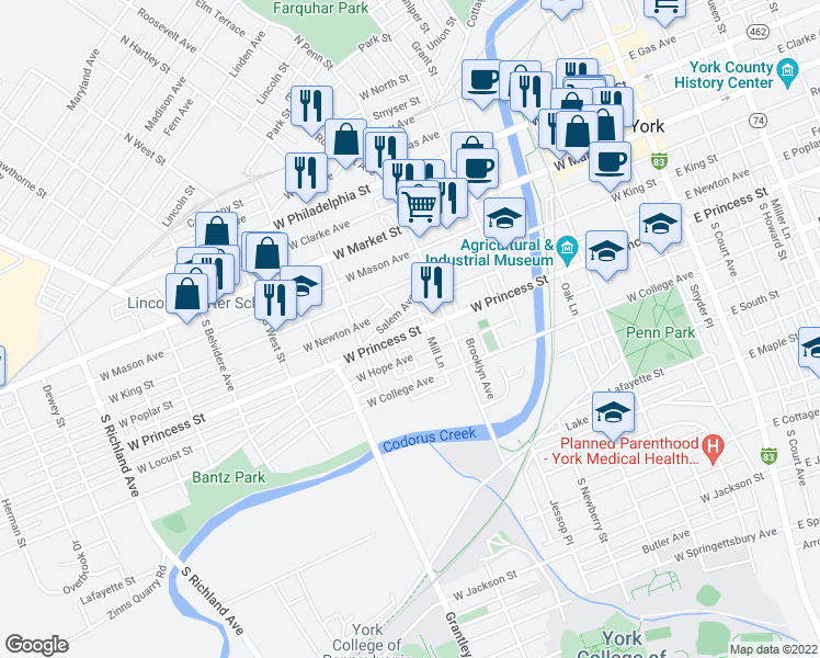 map of restaurants, bars, coffee shops, grocery stores, and more near 441 West Princess Street in York