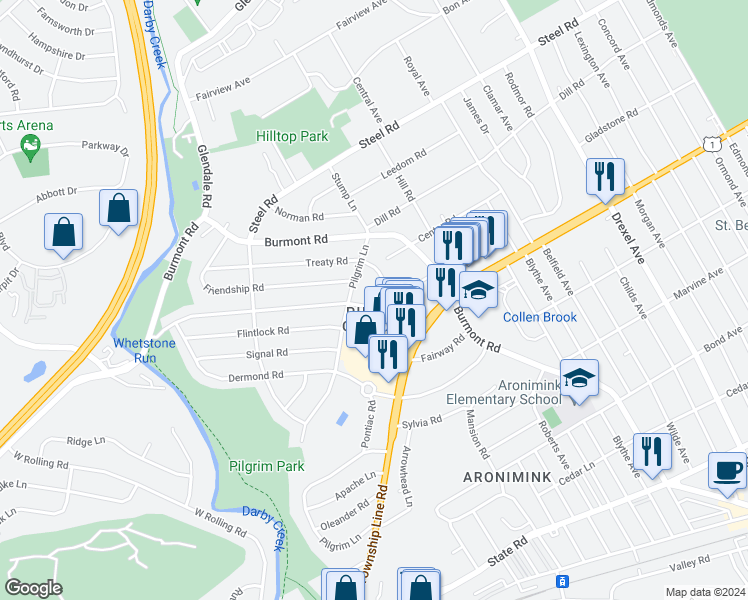 map of restaurants, bars, coffee shops, grocery stores, and more near 73 Warrior Road in Drexel Hill