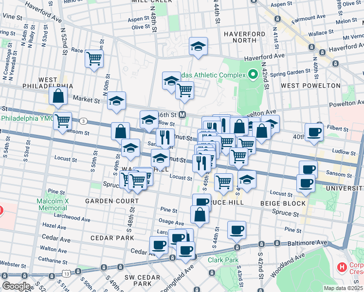 map of restaurants, bars, coffee shops, grocery stores, and more near 4613 Sansom Street in Philadelphia