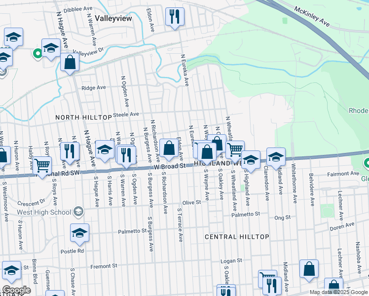 map of restaurants, bars, coffee shops, grocery stores, and more near 75 North Eureka Avenue in Columbus