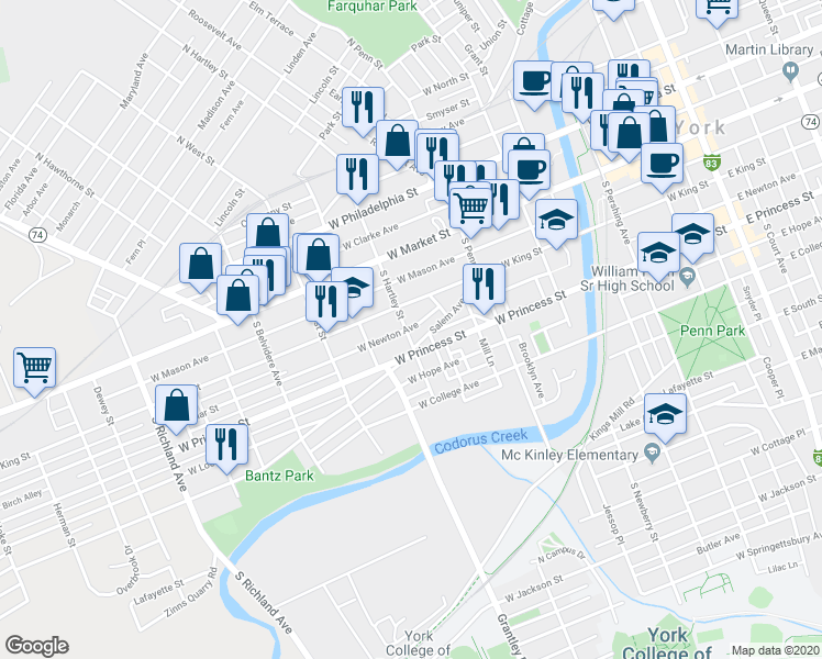 map of restaurants, bars, coffee shops, grocery stores, and more near 129 South Hartley Street in York